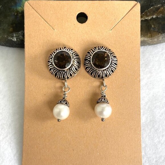 Sterling Silver 925 1.5" Signed Round Smoky Quartz & Pearl Dangle Drop Earrings - Picture 1 of 16